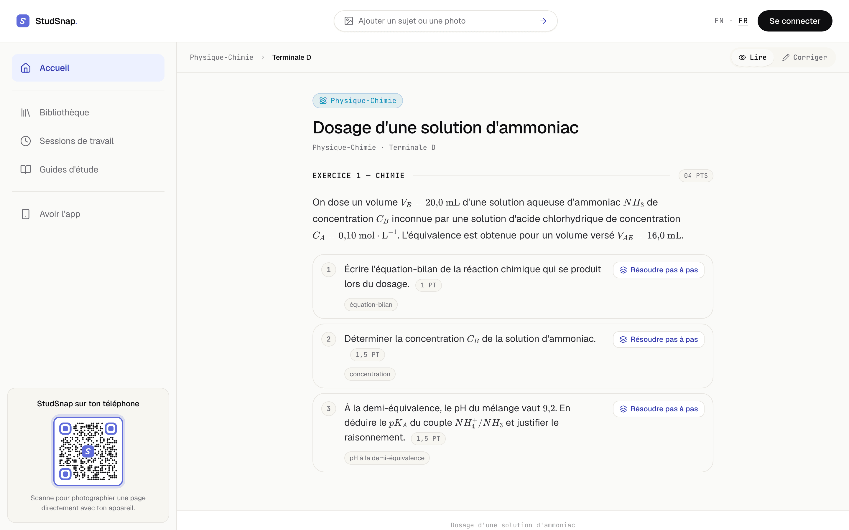 Un sujet ouvert dans StudSnap, découpé en questions distinctes