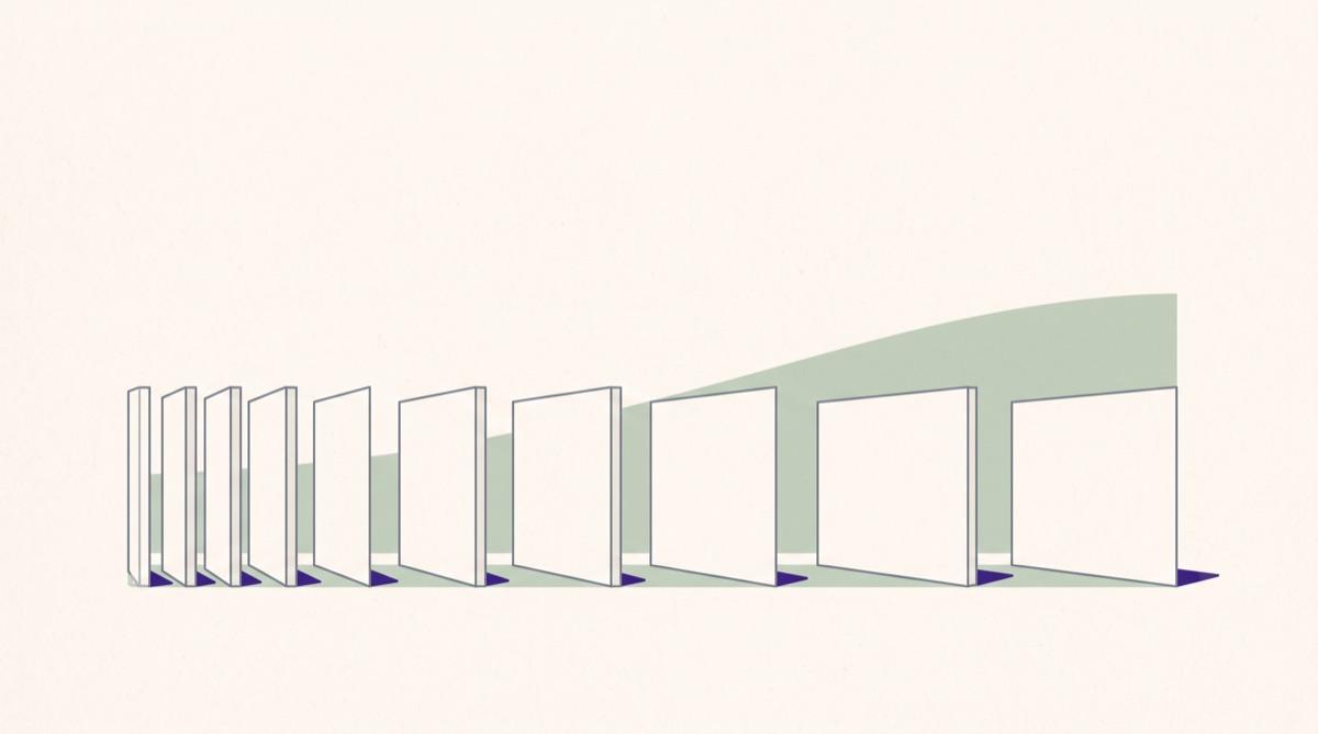 An illustration of index cards standing in a row, the gaps between them widening from left to right beneath a gently rising curve.