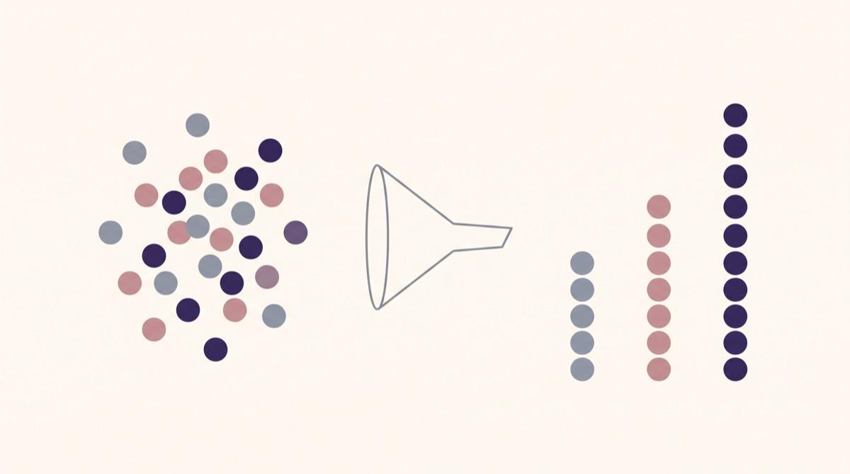 Des points de couleur dispersés à gauche passent dans un entonnoir et ressortent à droite en trois piles nettes, dont une plus haute que les autres.