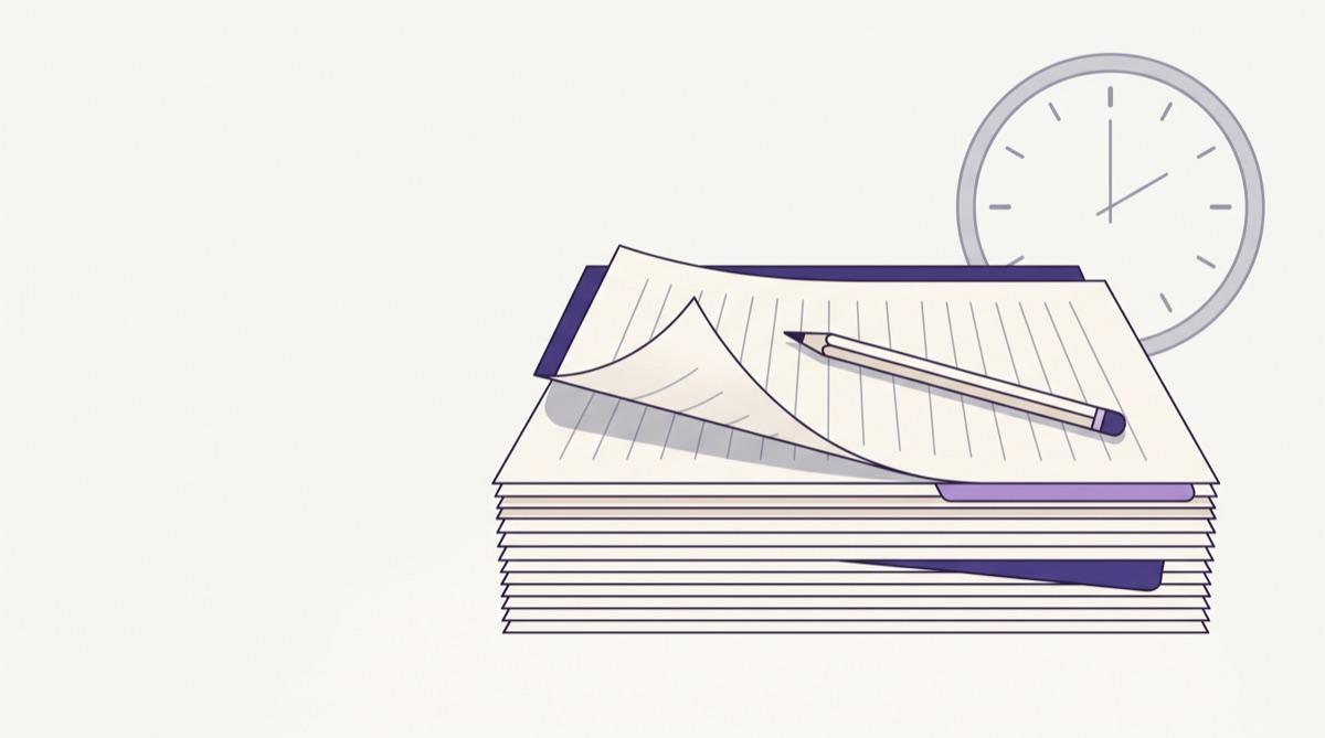 An illustration of a stack of exam papers with the top sheet lifted, a pencil resting across it and a clock face behind.