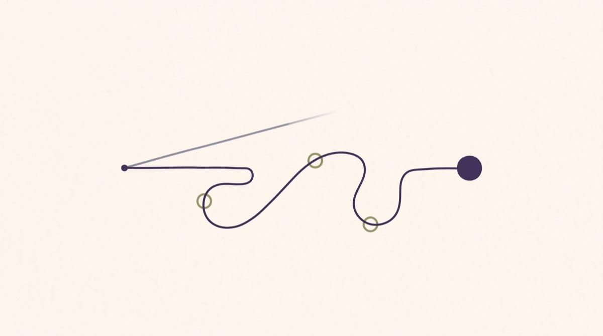An illustration of two paths leaving a single point, one short and thin and fading out, the other looping through several stops before arriving solid.