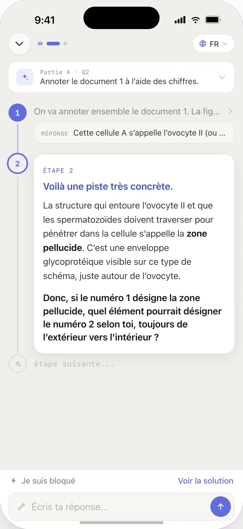 Le tuteur StudSnap guidant une question étape par étape