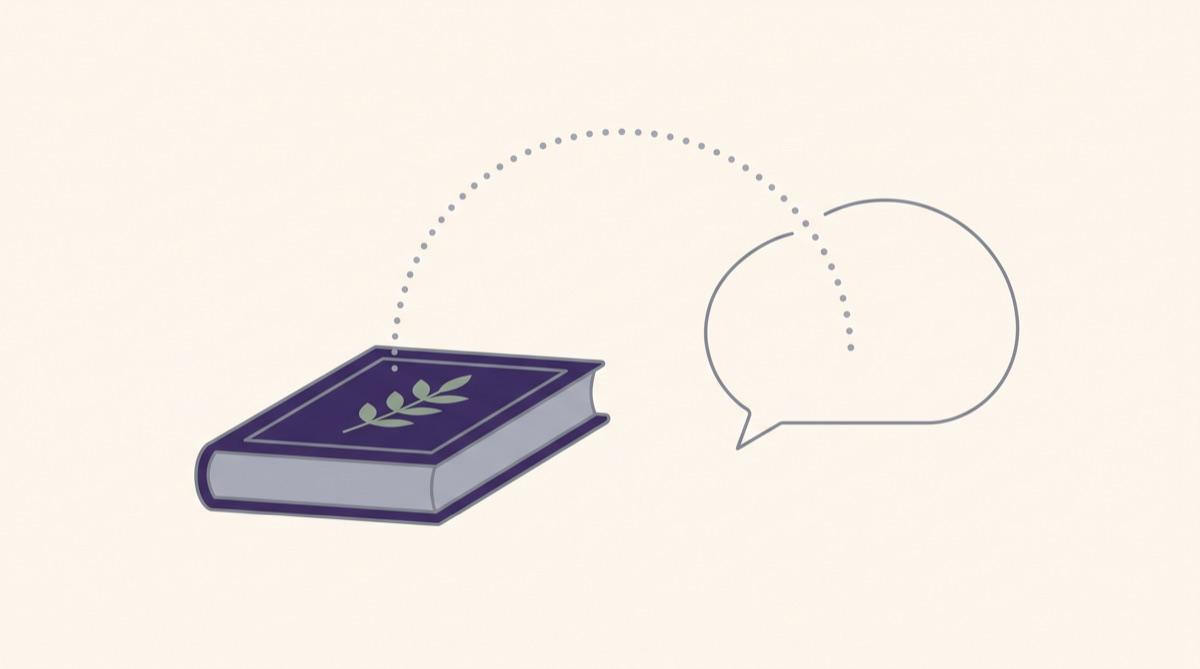 Un livre fermé d'où part un arc pointillé qui redescend vers une bulle de pensée vide.